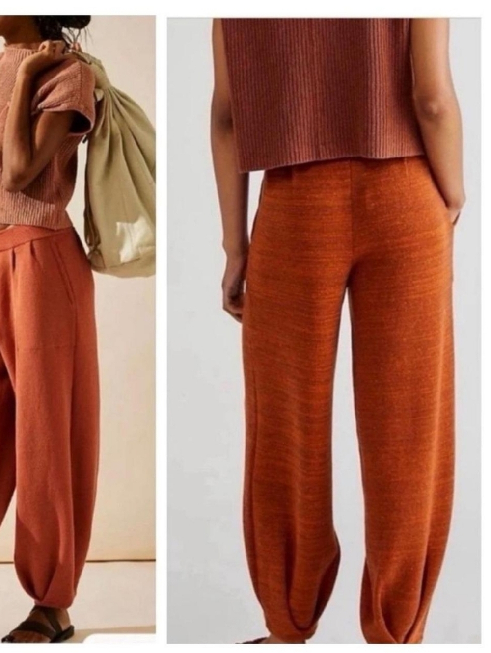 Free People FP Beach Freya Knit Barrel Leg Jogger Pants Heathered Rust Orange XL - Picture 2 of 15